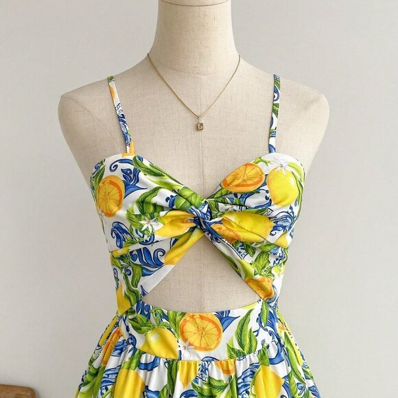 Multicolor Boho Women's Spaghetti Strap V-Neck Knotted Waist A-Line Midi Dress - Picture 5 of 7